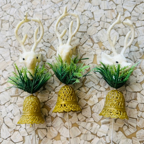 Vintage 70s Deer and bell Christmas Picks Ornaments - Picture 2 of 6